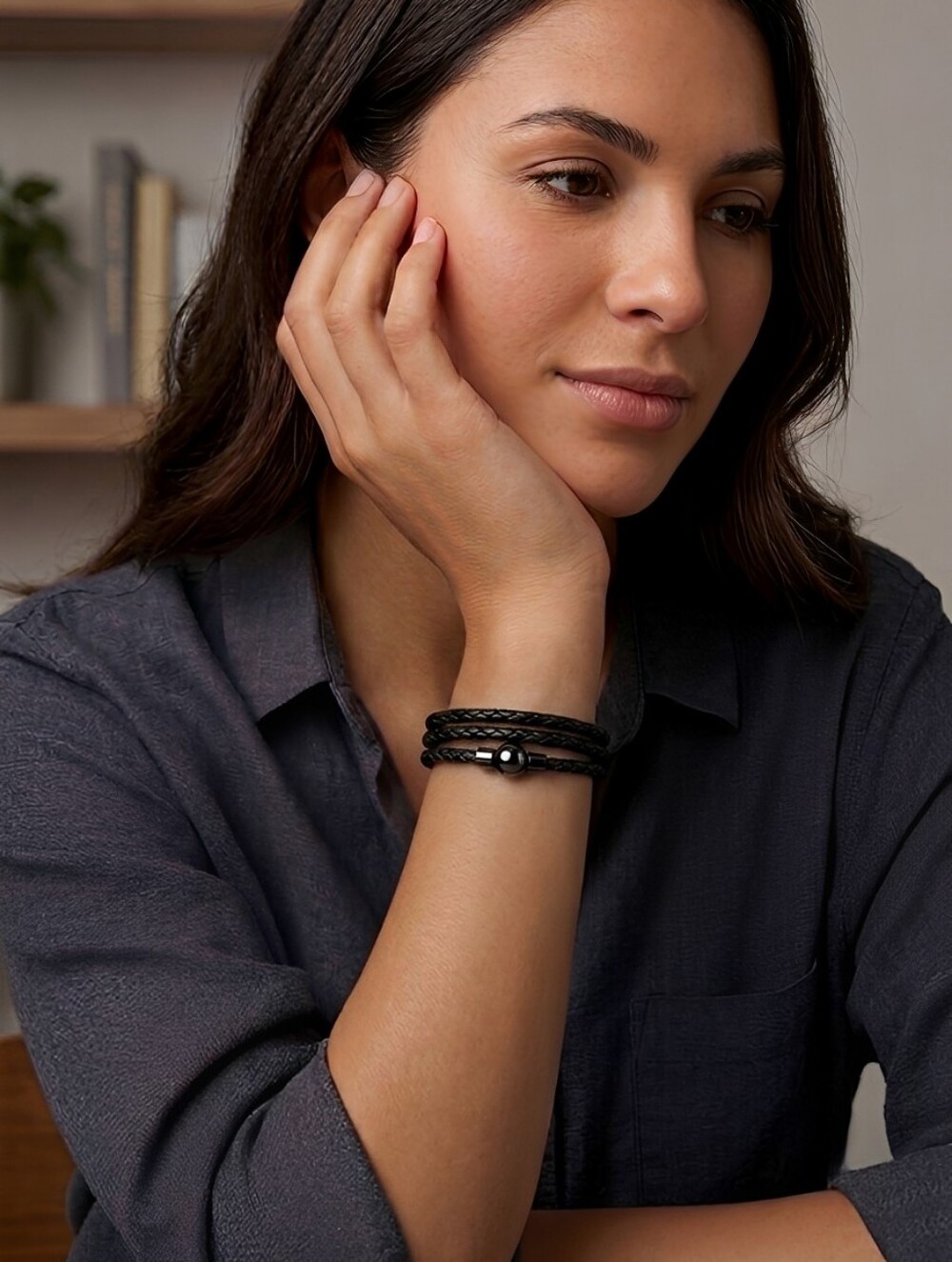 Linx Triple Wrap Black Leather Braided Bracelet with Black Magnetic Clasp